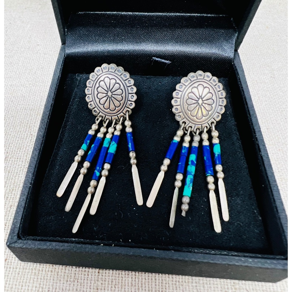 Vintage Q.T. Quoc Turquoise Sterling Silver Southwestern Fringe Dangle Earrings